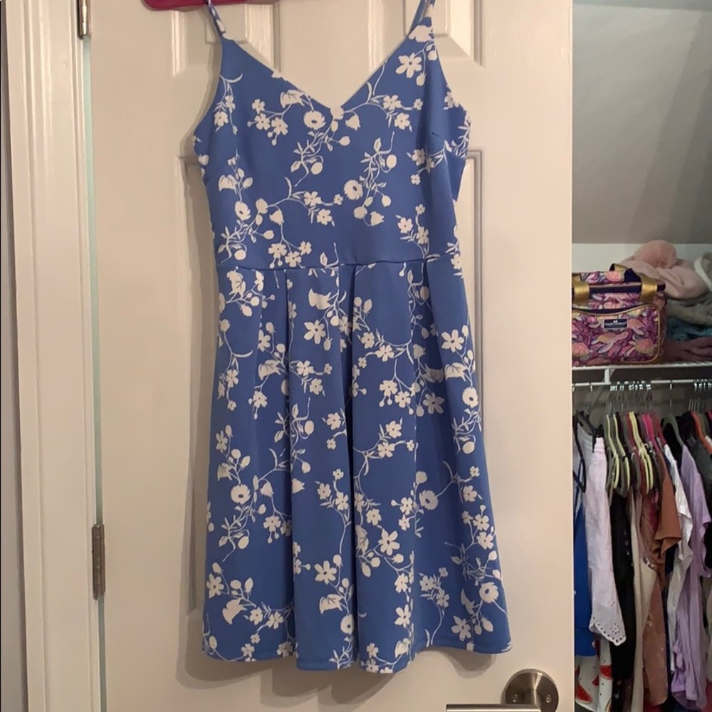 Soprano Blue & White Flowered Fit and Flare Dress